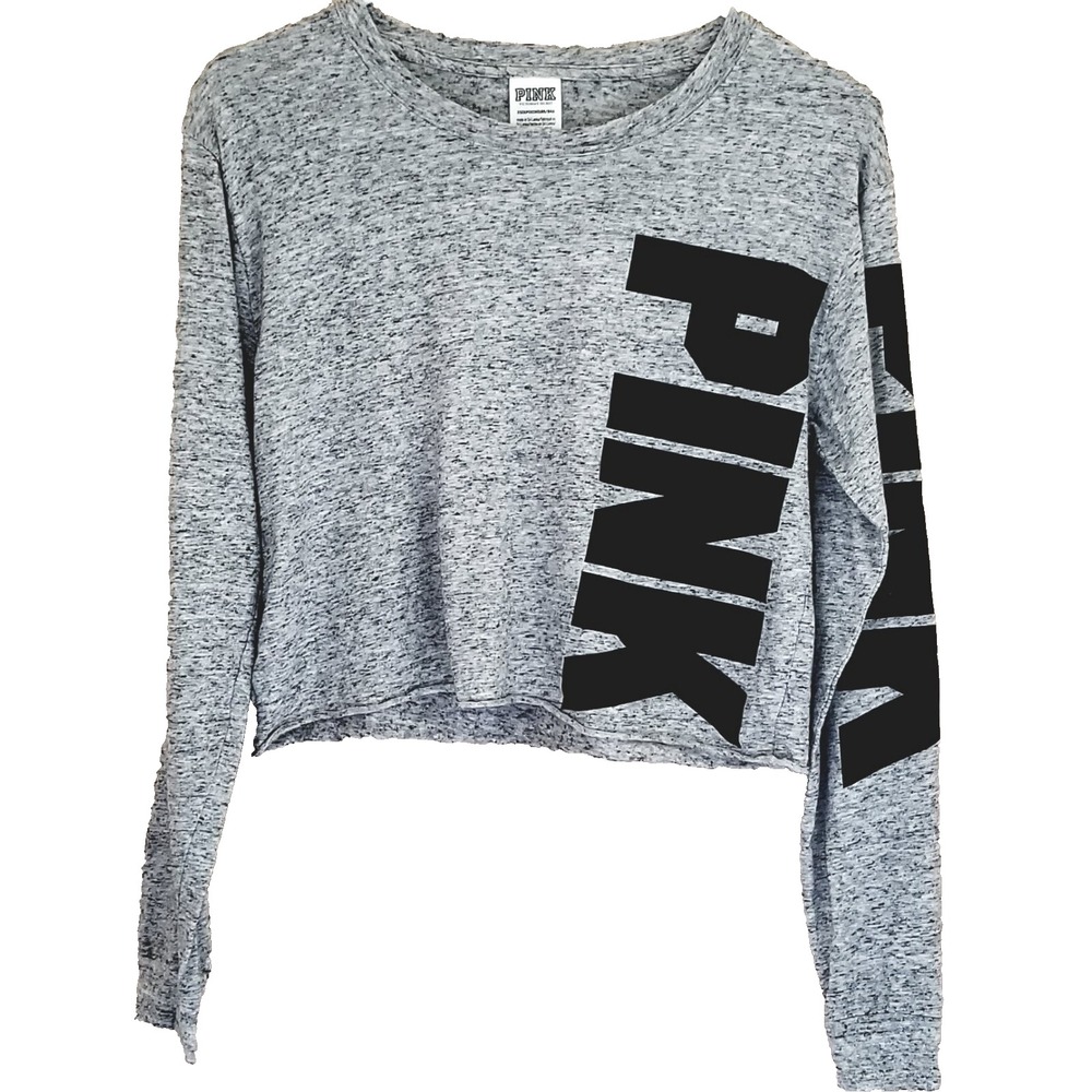 VICTORIA'S SECRET PINK Top Womens XS Gray Crewneck Long Sleeve Cropped Cut-Off